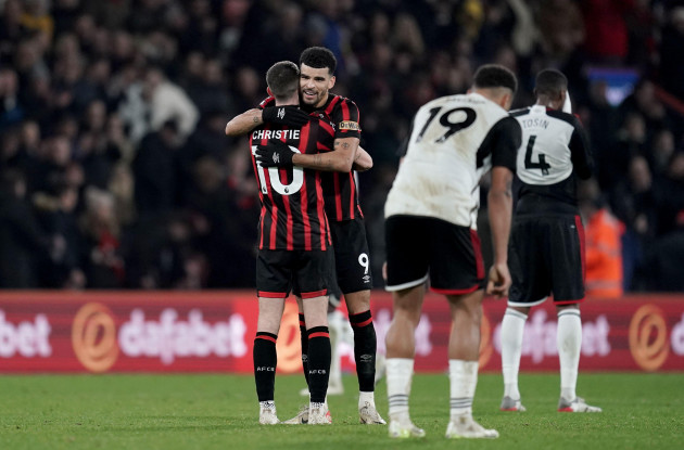 bournemouths-ryan-christie-left-and-dominic-solanke-celebrate-at-the-final-whistle-after-the-premier-league-match-at-the-vitality-stadium-bournemouth-picture-date-tuesday-december-26-2023