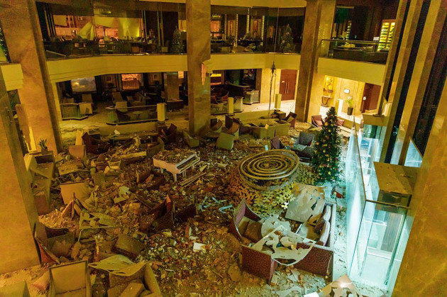 in-this-photo-provided-by-kharkiv-regional-administration-the-ruined-lobby-of-kharkiv-palace-hotel-is-seen-after-russias-missile-attack-in-kharkiv-ukraine-sunday-dec-31-2023-kharkiv-regional