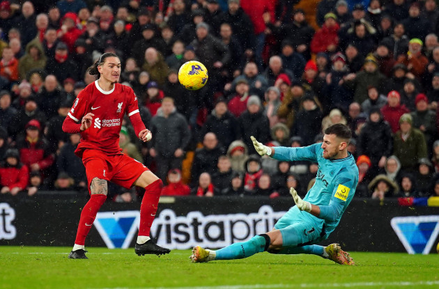 newcastle-united-goalkeeper-martin-dubravka-saves-from-liverpools-darwin-nunez-during-the-premier-league-match-at-anfield-liverpool-picture-date-monday-january-1-2024