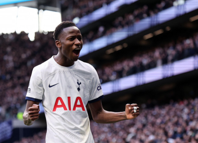 london-uk-31st-dec-2023-pape-matar-sarr-of-tottenham-celebrates-scoring-his-side-opening-goal-during-the-premier-league-match-at-the-tottenham-hotspur-stadium-london-picture-credit-should-read