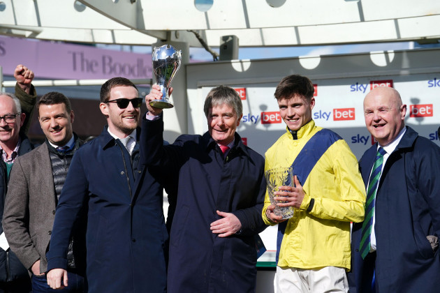 owner-and-trainer-barry-connell-centre-celebrates-winning-the-sky-bet-supreme-novices-hurdle-with-marine-nationale-alongside-jockey-michael-osullivan-second-right-on-day-one-of-the-cheltenham-fe