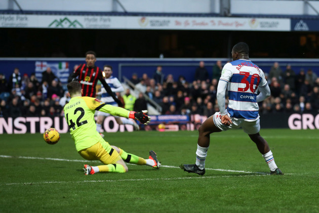 london-uk-06th-jan-2024-sinclair-armstrong-of-qpr-scores-the-opening-goal-to-make-the-score-1-0-during-the-fa-cup-match-between-queens-park-rangers-and-bournemouth-at-the-loftus-road-stadium-lond