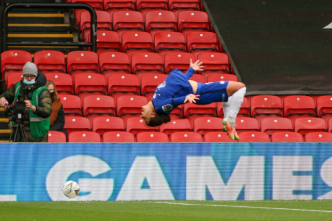 watford-uk-14th-mar-2021-sam-kerr-20-chelsea-celebrates-her-second-goal-with-a-backflip-during-the-fa-womens-continental-tyres-league-cup-final-game-between-bristol-city-and-chelsea-at-vicarage