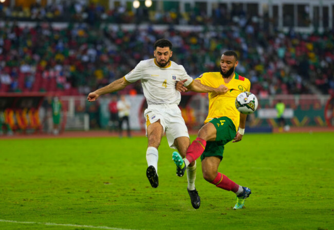 yaound-cameroon-january-17-2022-harold-moukoudi-of-cameroon-and-roberto-lopes-of-cape-verde-during-cameroun-versus-cap-verde-africa-cup-of-nations-at-olembe-stadium-kim-pricecsm-credit