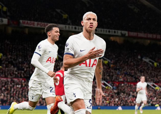 manchester-uk-14th-jan-2024-richarlison-of-tottenham-celebrates-scoring-the-equalising-goal-1-1-during-the-premier-league-match-at-old-trafford-manchester-picture-credit-should-read-andrew-ya