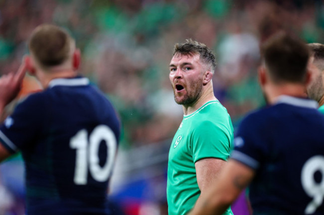 saint-denis-france-07th-oct-2023-finn-russell-10-of-scotland-and-peter-omahony-6-of-ireland-during-the-rugby-world-cup-pool-b-match-between-ireland-and-scotland-at-stade-de-france-on-october-07