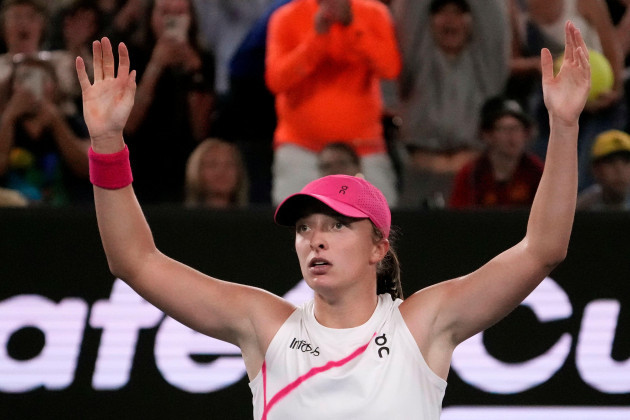 iga-swiatek-of-poland-celebrates-after-defeating-danielle-collins-of-the-u-s-in-their-second-round-match-at-the-australian-open-tennis-championships-at-melbourne-park-melbourne-australia-thursday
