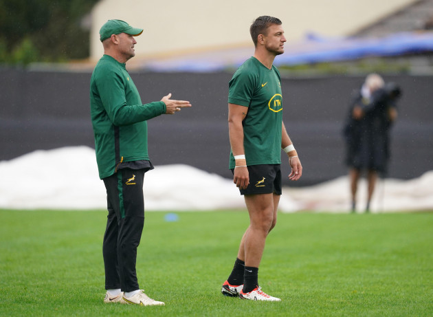 south-africa-head-coach-jacques-nienaber-and-handre-pollard-right-during-a-training-session-at-stade-des-fauvettes-in-domont-near-paris-picture-date-monday-october-23-2023