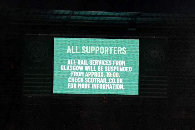 a-message-displayed-on-the-big-screen-informing-supporters-of-rail-service-suspensions-due-to-storm-isha-during-the-scottish-cup-fourth-round-match-at-celtic-park-glasgow-scotland-picture-date-sun
