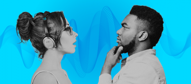 Design for LOST FOR WORDS - A woman with headphones speaking while a man rubs his chin and doesn't look happy.