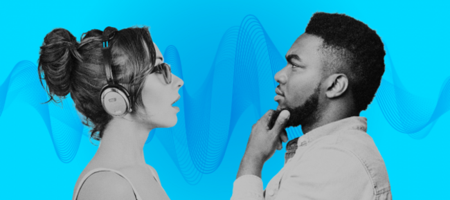 Design for LOST FOR WORDS - A woman with headphones speaking while a man rubs his chin and doesn't look happy.