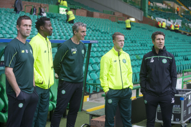 from-left-to-right-celtic-manager-ronny-deila-efe-ambrose-jim-mcguinness-leigh-griffiths-and-assistant-manager-john-collins-before-the-uefa-champions-league-qualifying-play-off-at-celtic-park-g