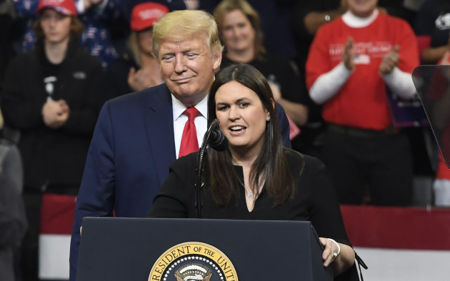des-moines-united-states-30th-jan-2020-former-white-house-press-secretary-sarah-huckabee-sanders-is-invited-to-the-podium-by-president-donald-trump-during-a-keep-america-great-campaign-rally-in-de