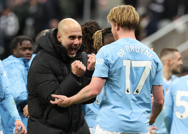 newcastle-upon-tyne-uk-13th-jan-2024-pep-guardiola-manager-of-manchester-city-celebrates-with-kevin-de-bruyne-after-the-premier-league-match-at-st-james-park-newcastle-upon-tyne-picture-credit