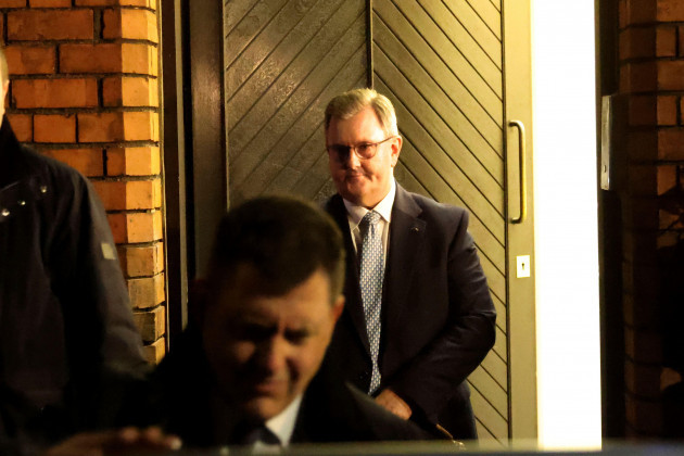 democratic-unionist-party-dup-leader-jeffrey-donaldson-centre-leaves-his-party-headquarters-in-east-belfast-northern-ireland-monday-jan-29-2024-the-unionist-leader-is-meeting-with-his-execut