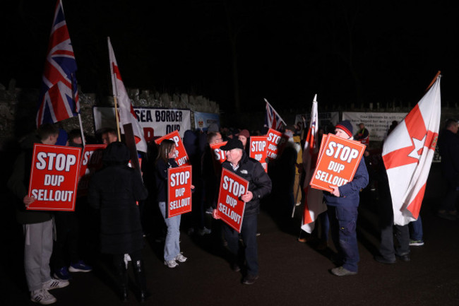 protesters-outside-larchfield-estate-where-the-dup-are-holding-a-private-party-meeting-they-are-calling-for-the-dup-not-to-go-back-into-stormont-until-the-irish-sea-border-is-removed-picture-date-m