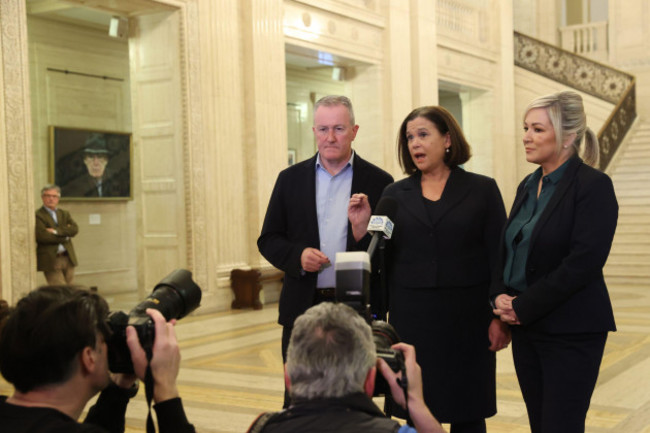 left-to-right-sinn-fein-representatives-mla-conor-murphy-president-mary-lou-mcdonald-and-vice-president-michelle-oneill-speak-to-the-media-in-the-great-hall-at-stormont-belfast-as-powersharing