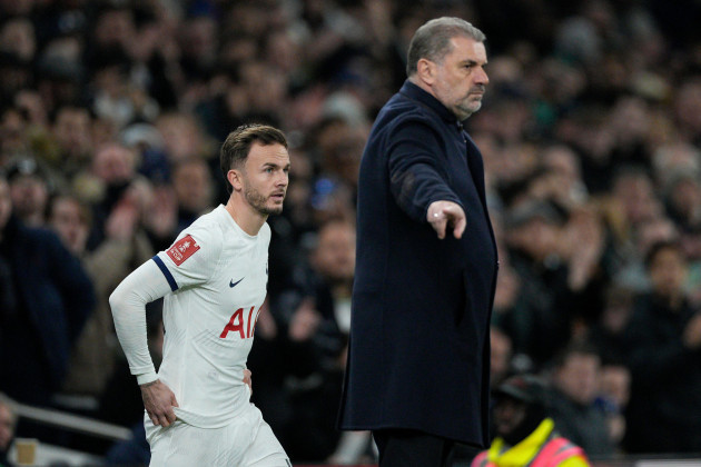tottenhams-head-coach-ange-postecoglou-prepares-to-bring-on-tottenhams-james-maddison-during-the-english-fa-cup-fourth-round-soccer-match-between-tottenham-hotspur-and-manchester-city-in-london-fri
