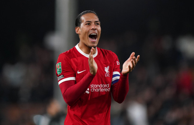 liverpools-virgil-van-dijk-applauds-the-fans-after-the-carabao-cup-semi-final-second-leg-match-at-craven-cottage-london-picture-date-wednesday-january-24-2024