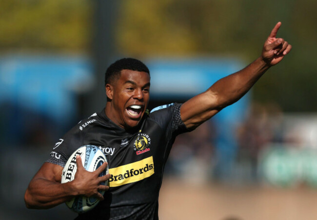 exeter-chiefs-immanuel-feyi-waboso-celebrates-after-he-scores-his-sides-first-try-of-the-game-during-the-gallagher-premiership-match-at-sandy-park-exeter-picture-date-saturday-october-14-2023