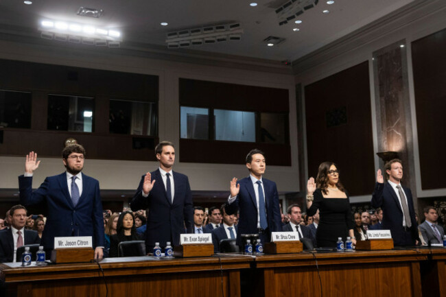 from-left-discord-ceo-jason-citron-snap-inc-ceo-evan-spiegel-tiktok-ceo-shou-chew-x-corp-ceo-linda-yaccarino-and-facebook-ceo-mark-zuckerberg-are-sworn-in-to-testify-before-the-senate-judiciary