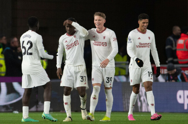 1st-february-2024-molineux-stadium-wolverhampton-west-midlands-england-premier-league-football-wolverhampton-wanderers-versus-manchester-united-kobbie-mainoo-of-manchester-united-is-congratulat