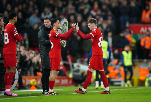 liverpools-trent-alexander-arnold-replaces-conor-bradley-during-the-premier-league-match-at-anfield-liverpool-picture-date-wednesday-january-31-2024