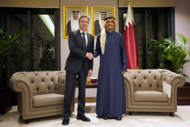 us-secretary-of-state-antony-blinken-left-shakes-hands-with-qatars-prime-minister-and-foreign-affairs-minister-mohammed-bin-abdulrahman-al-thani-at-diwan-annex-in-doha-qatar-tuesday-feb-6-20