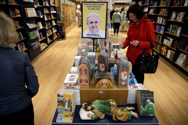 pope-francis-related-items-are-displayed-for-sale-inside-the-veritas-religious-bookshop-in-dublin-ireland-friday-aug-24-2018-pope-francis-arrives-on-saturday-for-a-two-day-visit-to-ireland-ap