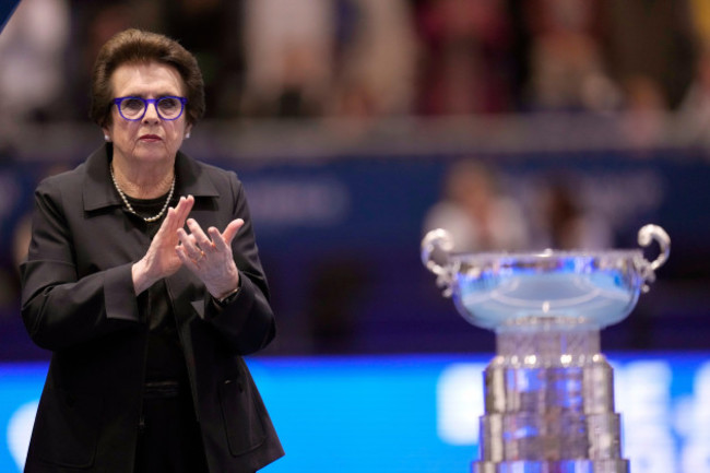 file-billie-jean-king-applauds-next-to-canadas-leylah-fernandez-who-won-the-final-singles-tennis-match-against-italys-jasmine-paolini-during-the-billie-jean-king-cup-finals-in-la-cartuja-stadium
