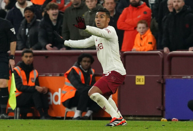 manchester-uniteds-casemiro-reacts-before-being-shown-a-yellow-card-by-referee-robert-jones-not-pictured-during-the-premier-league-match-at-villa-park-birmingham-picture-date-sunday-february-11