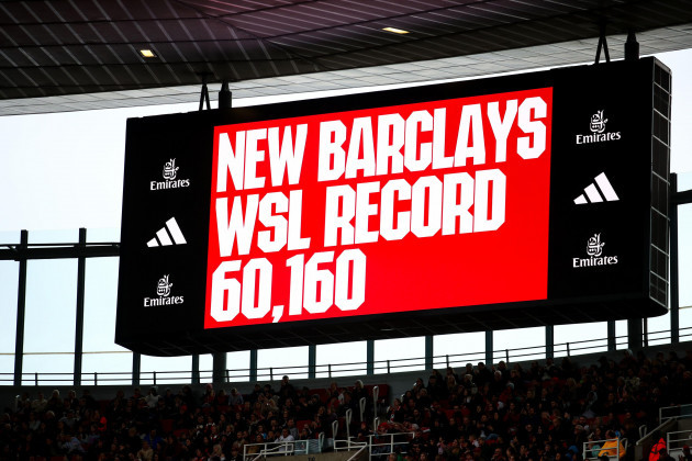 a-new-attendance-record-of-60160-is-shown-on-the-big-screens-during-the-sold-out-barclays-fa-womens-super-league-game-between-arsenal-and-manchester-united-at-emirates-stadium-in-london-england-li
