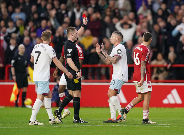 west-ham-uniteds-kalvin-phillips-is-sent-off-during-the-premier-league-match-at-the-city-ground-nottingham-picture-date-saturday-february-17-2024
