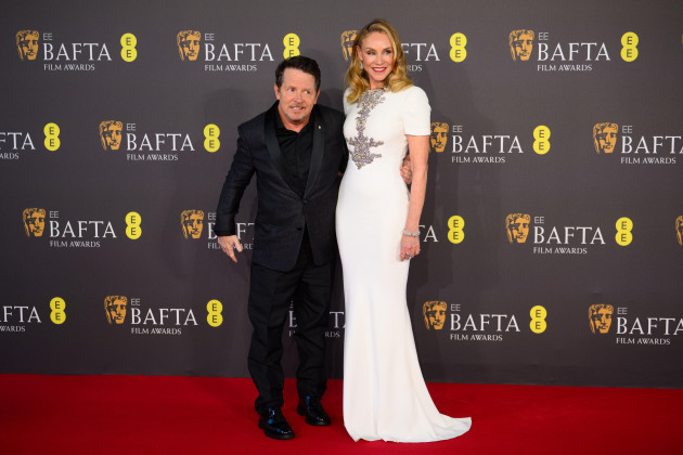 london-uk-sunday-18th-february-2024-michael-j-fox-and-tracy-pollan-attending-the-bafta-film-awards-2024-at-the-royal-festival-hall-southbank-centre-london-photo-credit-should-read-matt-crossi