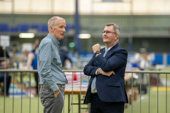 dups-gregory-campbell-mp-left-with-party-leader-sir-jeffrey-donaldson-at-the-meadowlands-arena-magherafelt-as-counting-continues-in-the-northern-ireland-assembly-election