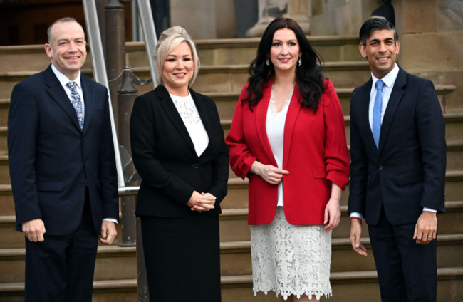 left-right-northern-ireland-secretary-chris-heaton-harris-first-minister-michelle-oneill-deputy-first-minister-emma-little-pengelly-and-prime-minister-rishi-sunak-at-stormont-castle-belfast-fol