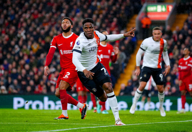 luton-towns-chiedozie-ogbene-celebrates-scoring-their-sides-first-goal-of-the-game-during-the-premier-league-match-at-anfield-liverpool-picture-date-wednesday-february-21-2024