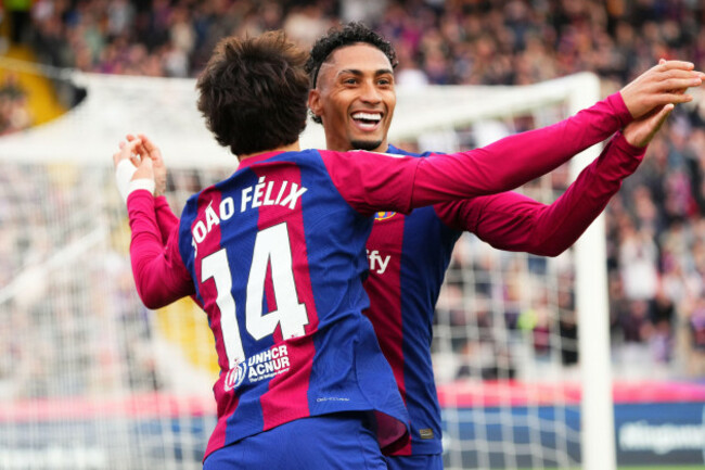 barcelona-spain-24th-feb-2024-raphael-dias-belloli-raphinha-of-fc-barcelona-celebrates-his-goal-with-joao-felix-of-fc-barcelona-during-the-la-liga-ea-sports-match-between-fc-barcelona-and-getafe-c