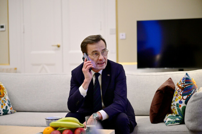 stockholm-sweden-26th-feb-2024-stockholm-sweden-20240212swedens-prime-minister-ulf-kristersson-speaks-on-the-phone-as-he-receives-information-that-hungarys-parliament-has-voted-yes-to-ratify-sw