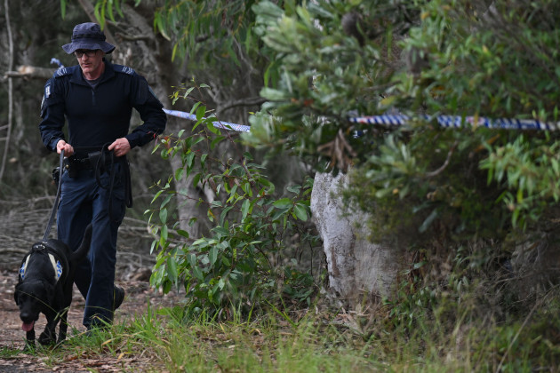 sydney-australia-27th-feb-2024-nsw-police-search-bushland-with-a-police-sniffer-dog-in-the-royal-national-park-south-of-sydney-tuesday-february-27-2024-nsw-police-discovered-the-bodies-of-jess
