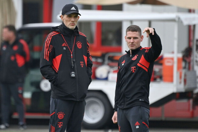 munich-deutschland-16th-may-2023-from-left-coach-thomas-tuchel-fc-bayern-munich-co-coach-anthony-barry-fc-bayern-munich-training-fc-bayern-munich-on-the-training-ground-on-saebener-strasse