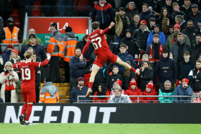 liverpool-uk-28th-feb-2024-lewis-koumas-of-liverpool-67-celebrates-after-scoring-his-teams-1st-goal-emirates-fa-cup-5th-round-match-liverpool-v-southampton-at-anfield-in-liverpool-on-wednesda
