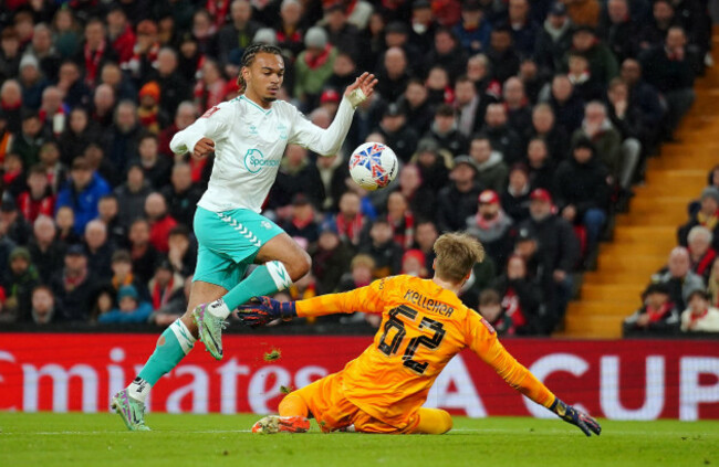 liverpool-goalkeeper-caoimhin-kelleher-saves-from-southamptons-sekou-mara-during-the-emirates-fa-cup-fifth-round-match-at-anfield-liverpool-picture-date-wednesday-february-28-2024