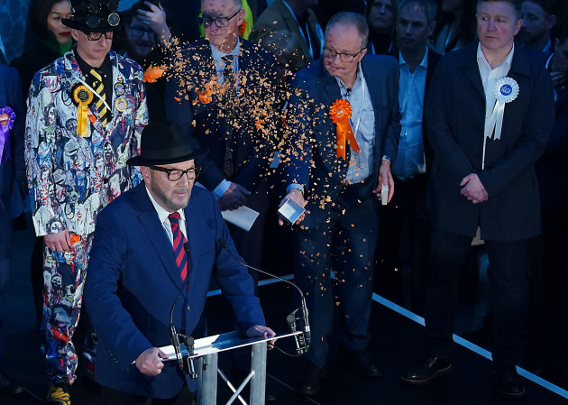george-galloway-has-confetti-thrown-at-him-by-just-stop-oil-protestors-as-he-gives-a-speech-after-being-declared-winner-rochdale-leisure-centre-in-the-rochdale-by-election-which-was-triggered-after