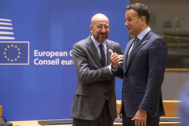 brussels-belgium-27th-oct-2023-european-council-president-charles-michel-and-ireland-prime-minister-taoiseach-leo-varadkar-pictured-during-a-meeting-on-the-second-day-of-the-european-council-at-t