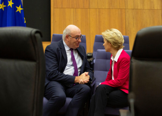 european-commission-president-ursula-von-der-leyen-right-speaks-with-european-commissioner-for-trade-phil-hogan-prior-to-an-extraordinary-meeting-of-the-eu-college-of-commissioners-at-eu-headquarter