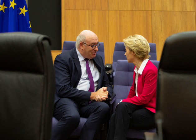 european-commission-president-ursula-von-der-leyen-right-speaks-with-european-commissioner-for-trade-phil-hogan-prior-to-an-extraordinary-meeting-of-the-eu-college-of-commissioners-at-eu-headquarter