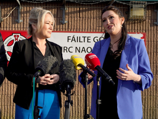 northern-ireland-first-minister-michelle-oneill-left-and-deputy-first-minister-emma-little-pengelly-speak-to-the-media-after-their-visit-to-st-pauls-gaa-club-in-west-belfast-picture-date-wednes