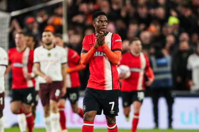 luton-uk-27th-feb-2024-luton-towns-chiedozie-ogbene-celebrates-their-sides-second-goal-of-the-game-during-the-luton-town-fc-v-manchester-city-fc-emirates-fa-cup-5th-round-match-at-kenilworth-roa