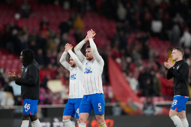 rangers-players-applaud-to-fans-at-the-end-of-the-europa-league-round-of-16-first-leg-soccer-match-between-sl-benfica-and-rangers-fc-at-the-luz-stadium-in-lisbon-thursday-march-7-2024-the-match